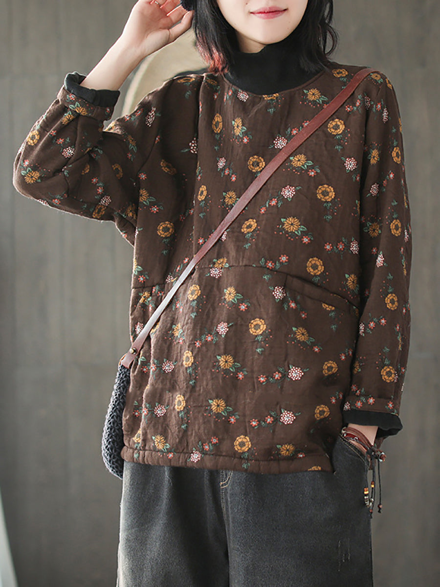 Plus Size Vintage Flower Half-high Collar Spliced Cotton Blouse