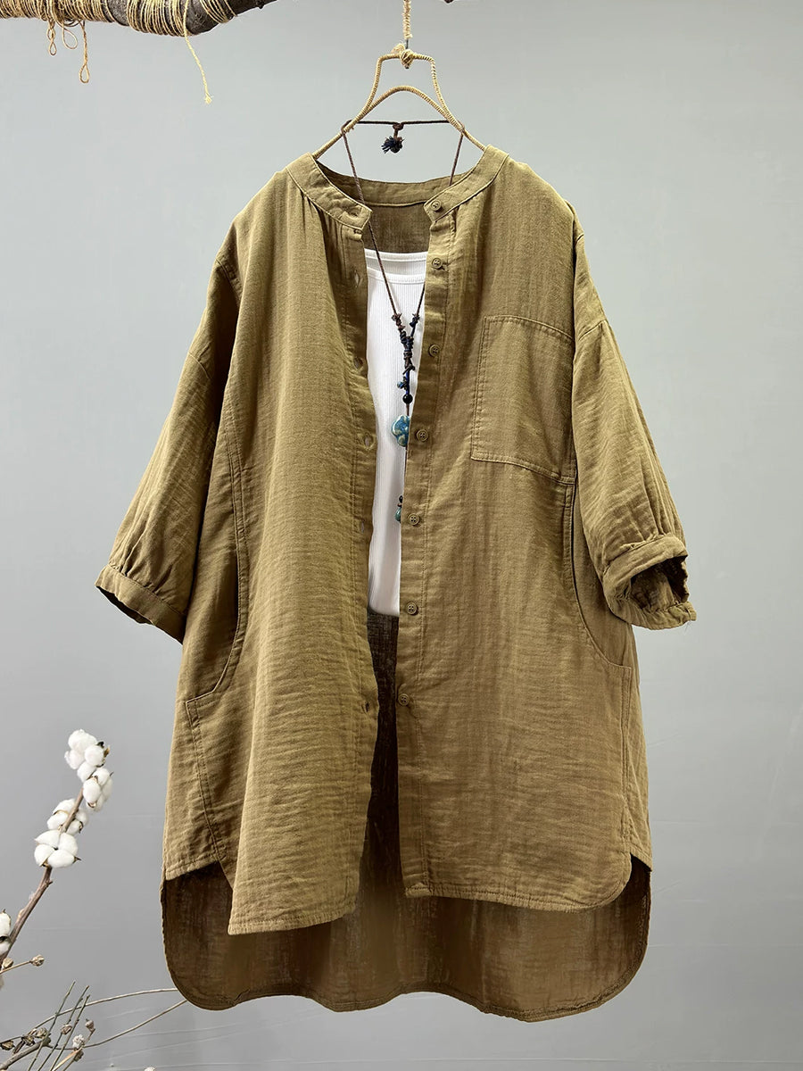Plus Size Women Artsy Stand Collar 100%Cotton Shirt