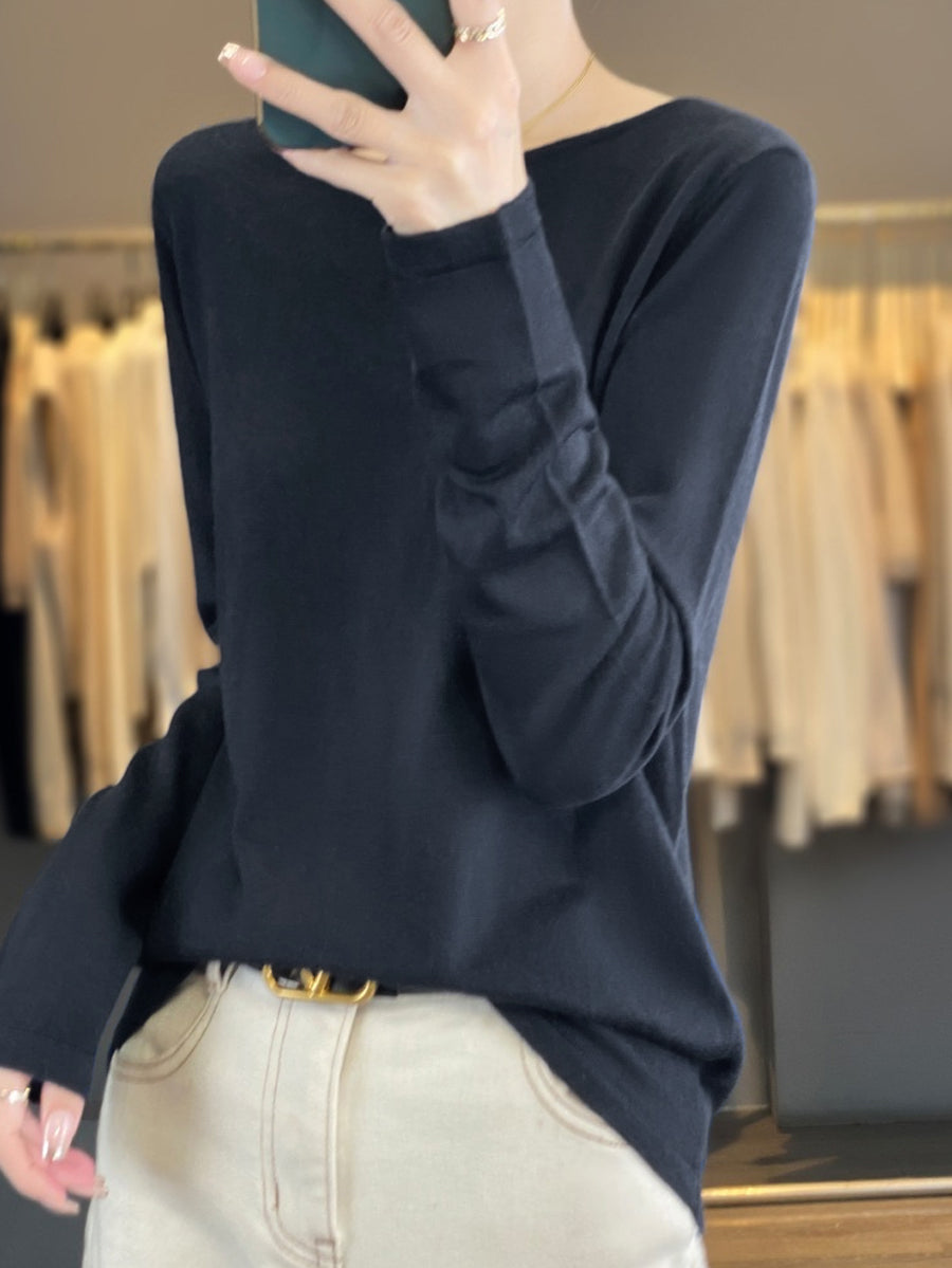 Women Autumn Casual Pure Color O-Neck Knit Sweater
