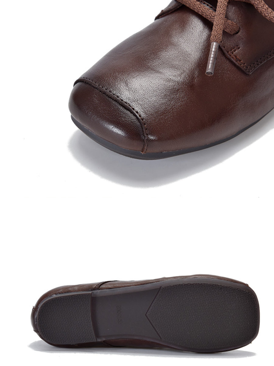 Women Vintage Genuine Leather Square-toe Low Heel Shoes