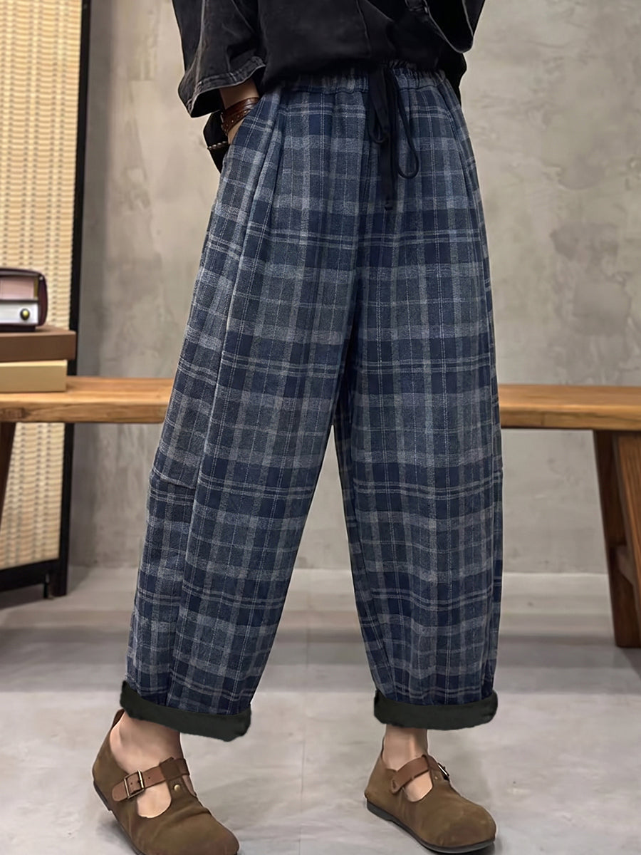 Plus Size Women Vintage Plaid Brushed Fleece-Lined Loose Harem Pants