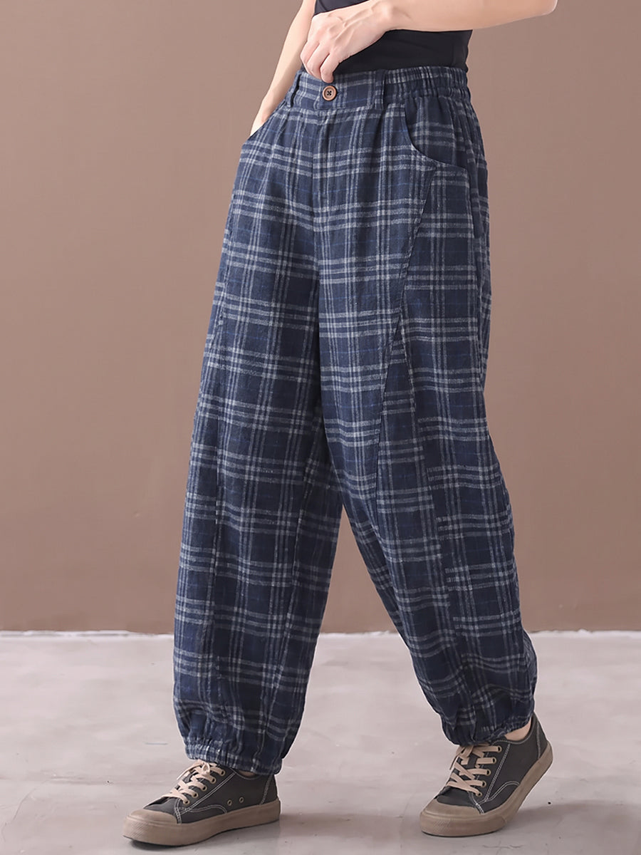 Plus Size Women Vintage Plaid Loose Balloon Pants