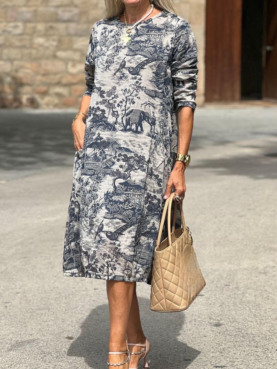 Women's Plus Size Cotton Vintage Casual Loose Toile Print Maxi Dress