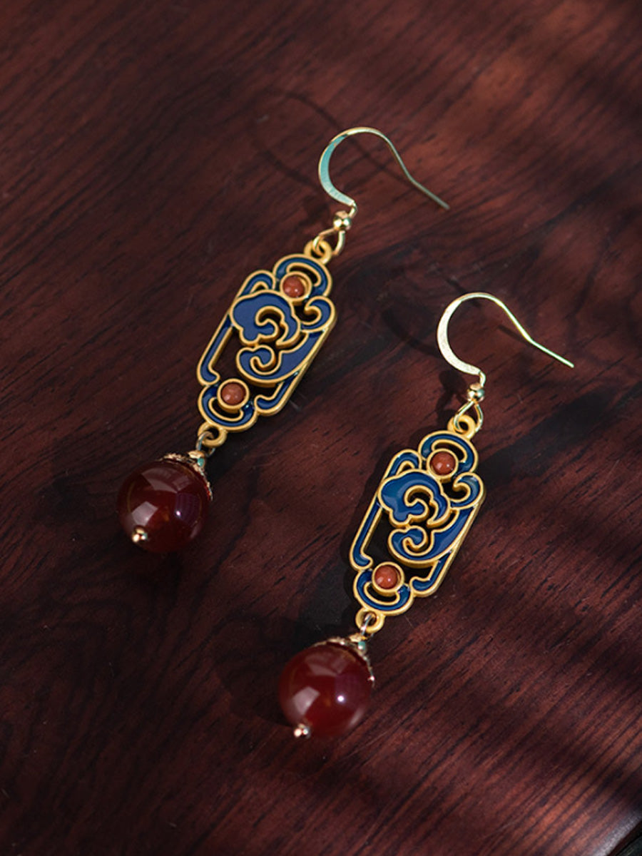 Women Vintage Red Agate Enamel Alloy Earrings
