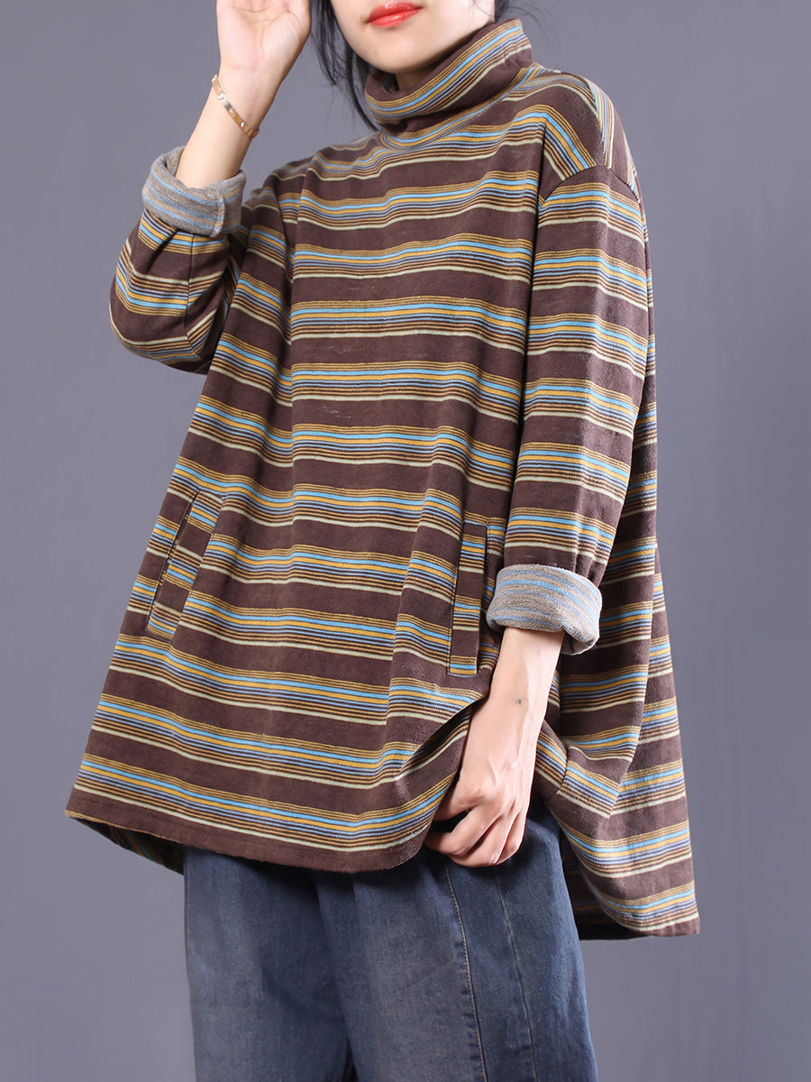 Plus Size Women Striped Turtleneck Long Sleeve Top