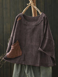 Plus Size Women Summer Retro Pure Color Cotton Spliced Short Sleeve Blouse