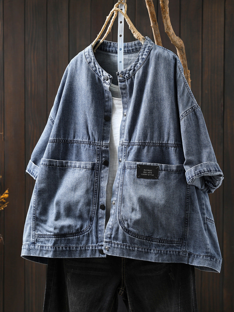 Plus Size Women Summer Retro Pure Color Stand Collar Denim Shirt