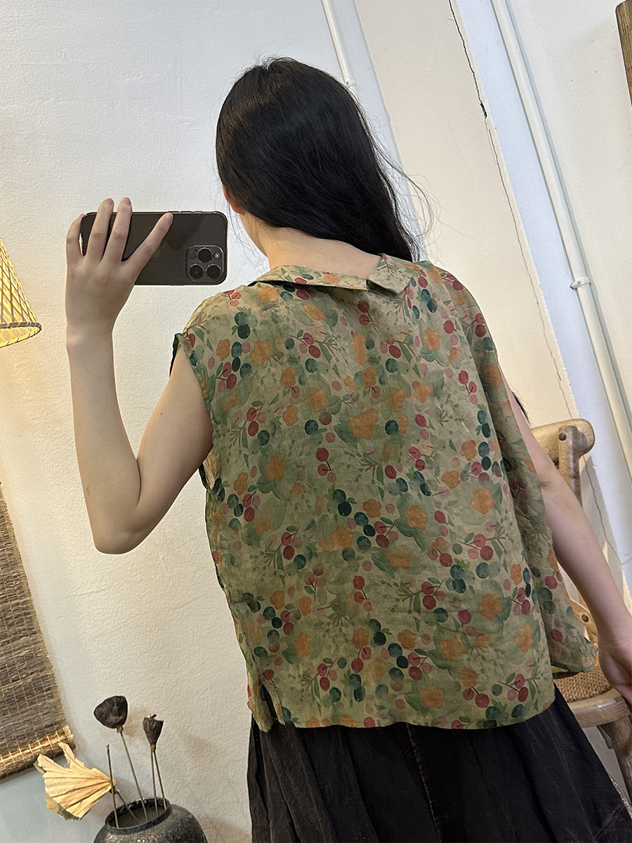 Plus Size Women Summer Vintage Flower Ramie Blouse