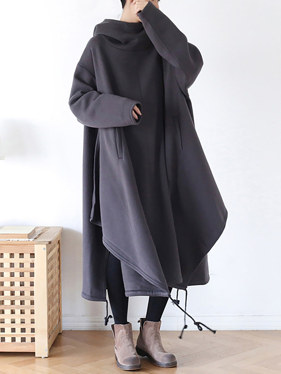 Plus Size Hooded Drawstring Irregular Hem Casual Cotton Dress
