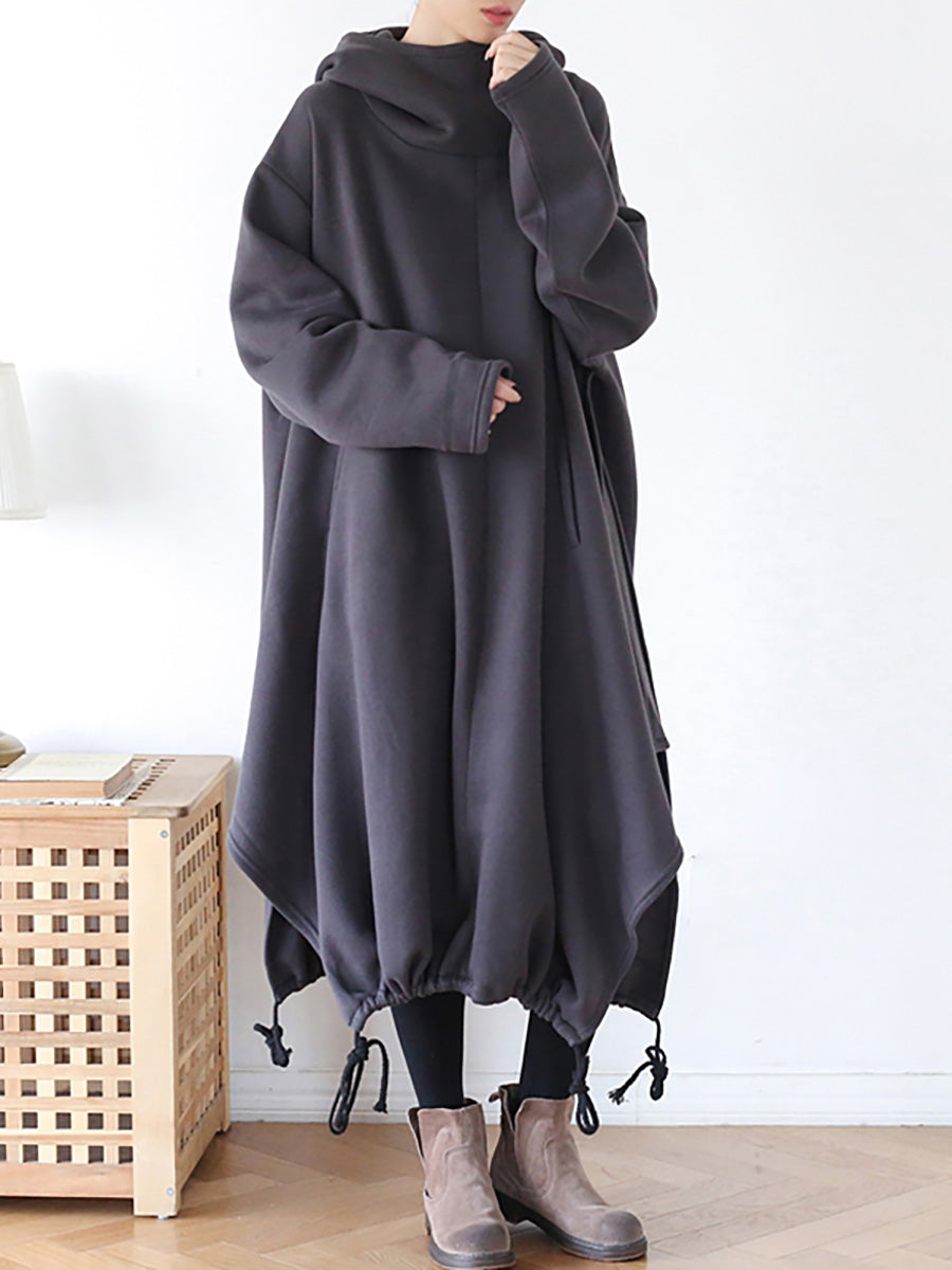 Plus Size Hooded Drawstring Irregular Hem Casual Cotton Dress