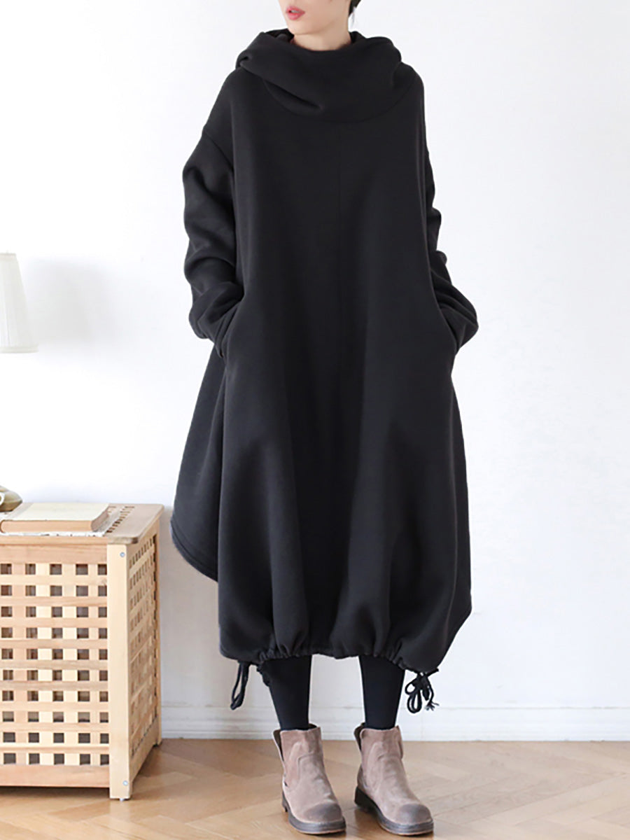 Plus Size Hooded Drawstring Irregular Hem Casual Cotton Dress