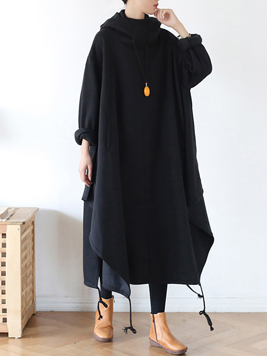 Plus Size Hooded Drawstring Irregular Hem Casual Cotton Dress