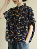 Plus Size - Summer Flower Print Thin Cotton Floral Shirt