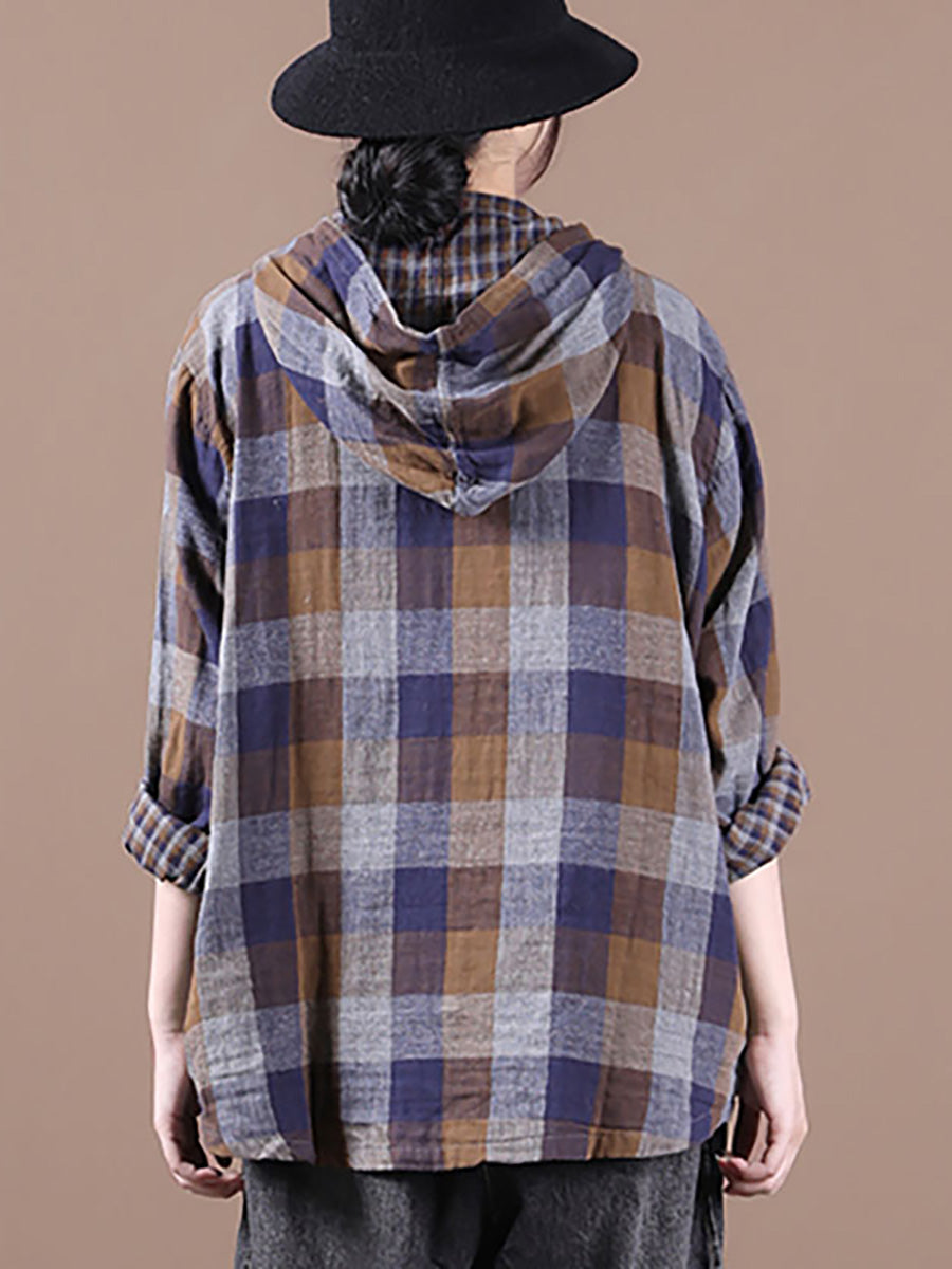 Plus Size Loose Stitching Drawstring Cotton Linen Shirt