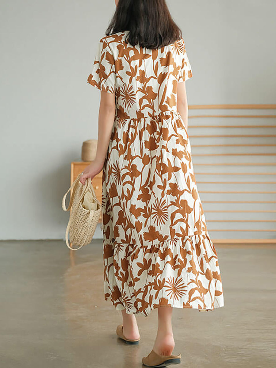 Plus Size Cotton O-neck Floral Dress