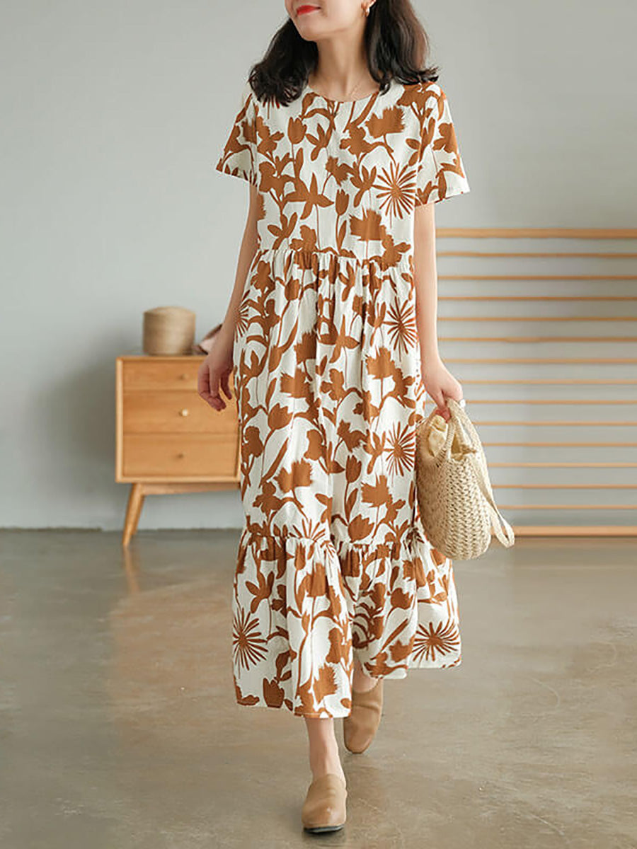 Plus Size Cotton O-neck Floral Dress