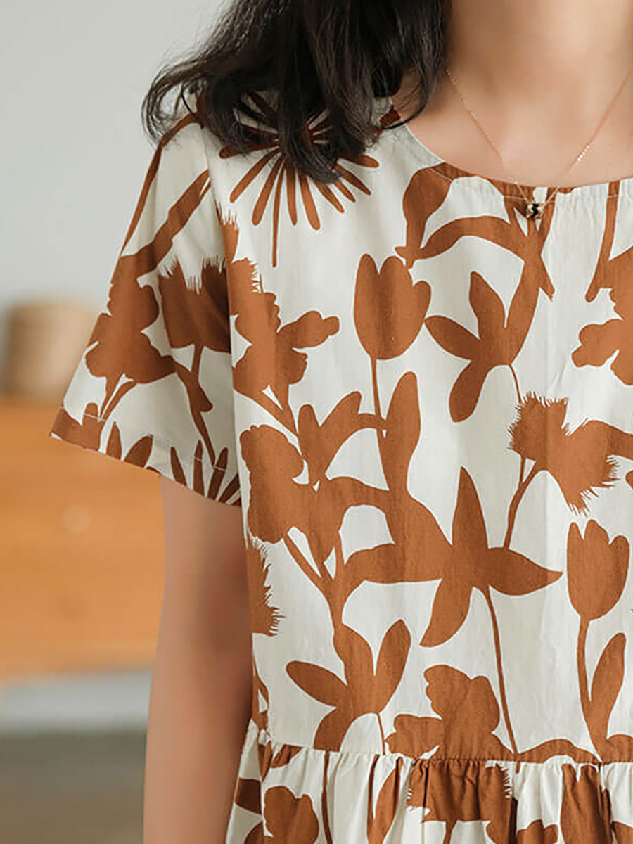 Plus Size Cotton O-neck Floral Dress