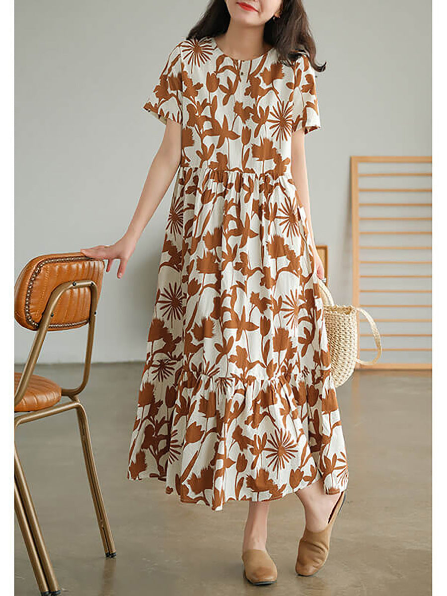 Plus Size Cotton O-neck Floral Dress