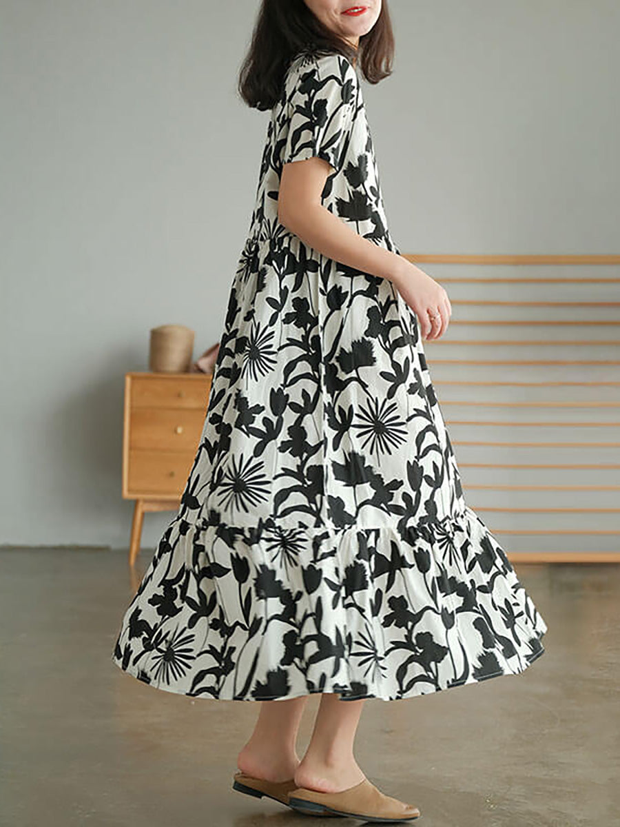 Plus Size Cotton O-neck Floral Dress