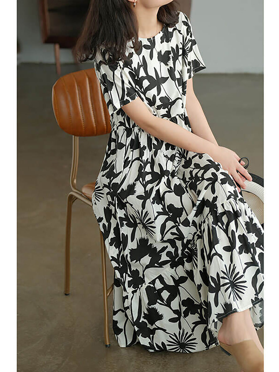 Plus Size Cotton O-neck Floral Dress