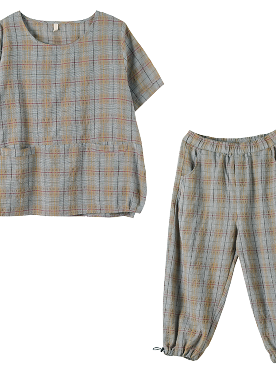 Plus Size Linen Plaid Drawstring Two Pieces Sets M-4XL