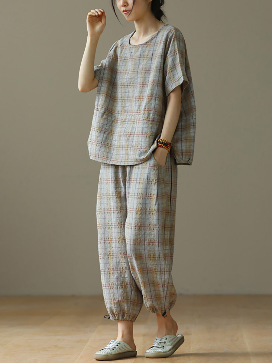 Plus Size Linen Plaid Drawstring Two Pieces Sets M-4XL