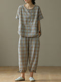 Plus Size Linen Plaid Drawstring Two Pieces Sets M-4XL