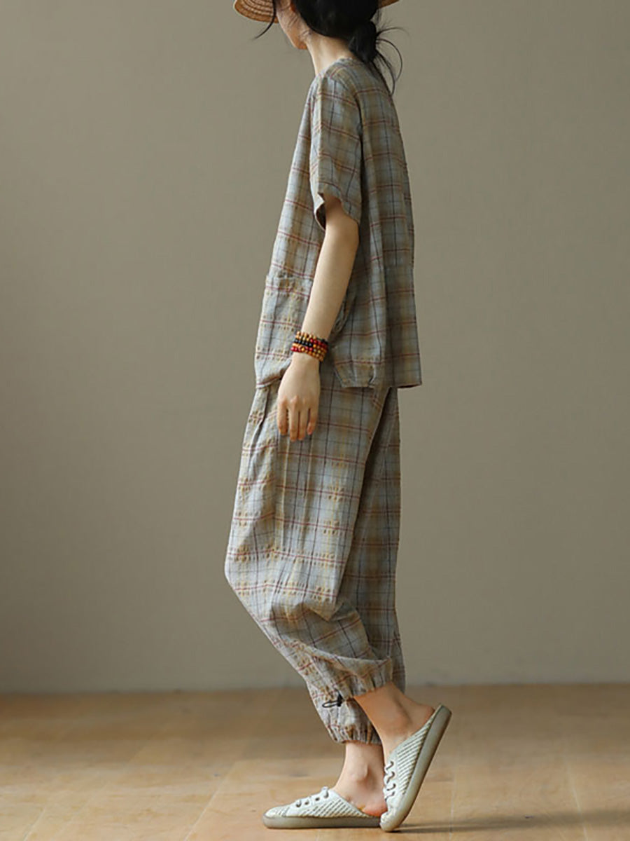 Plus Size Linen Plaid Drawstring Two Pieces Sets M-4XL