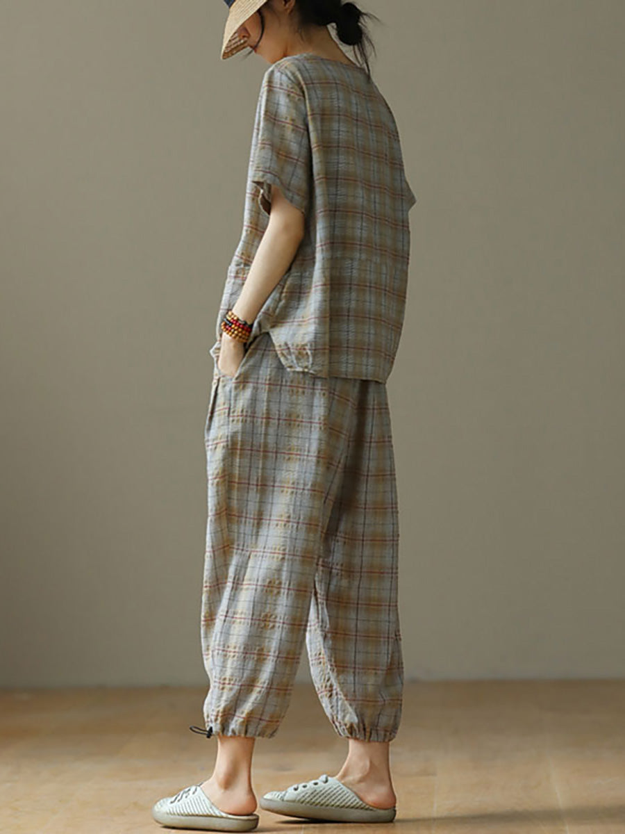 Plus Size Linen Plaid Drawstring Two Pieces Sets M-4XL