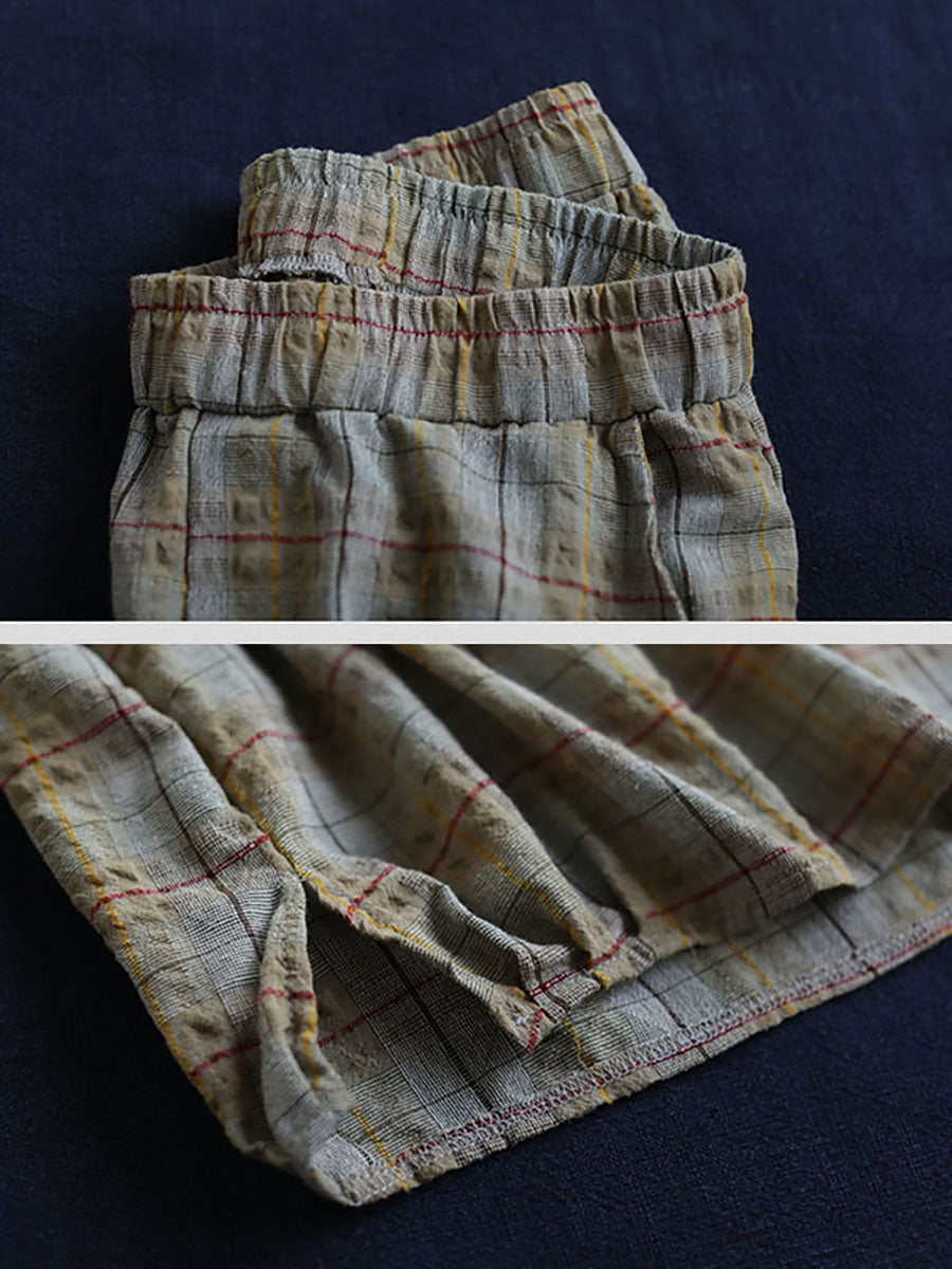 Plus Size Linen Plaid Drawstring Two Pieces Sets M-4XL