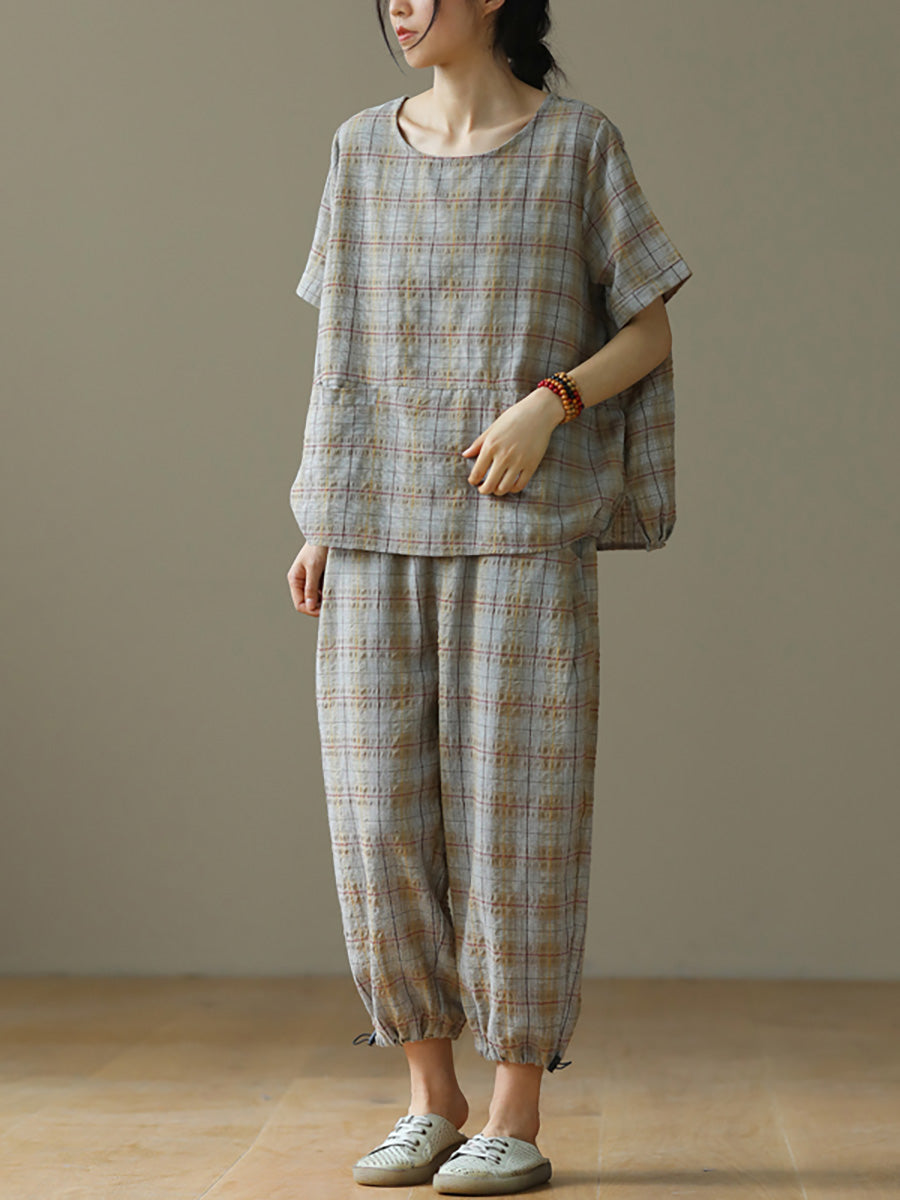 Plus Size Linen Plaid Drawstring Two Pieces Sets M-4XL