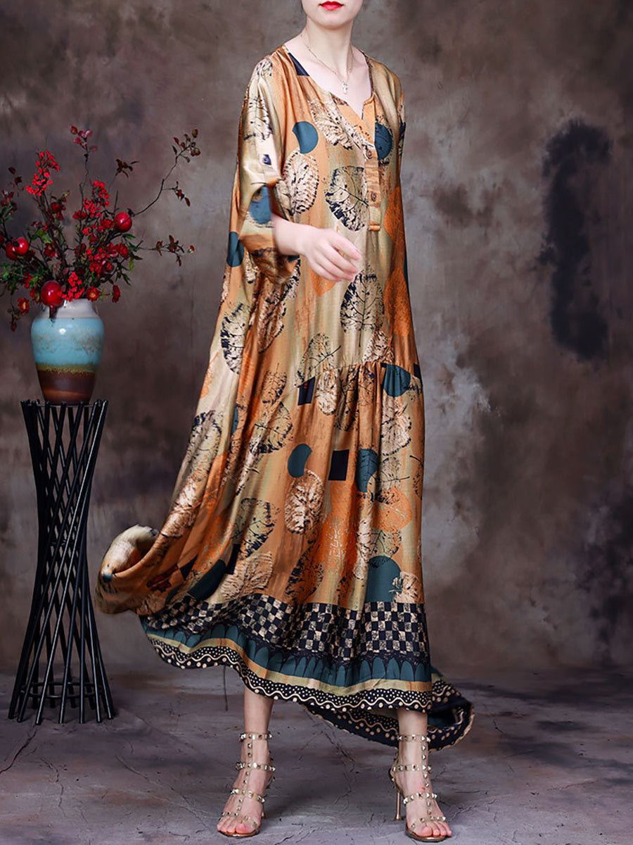 Plus Size Floral Vintage Women Batwing Sleeve Maxi Dress