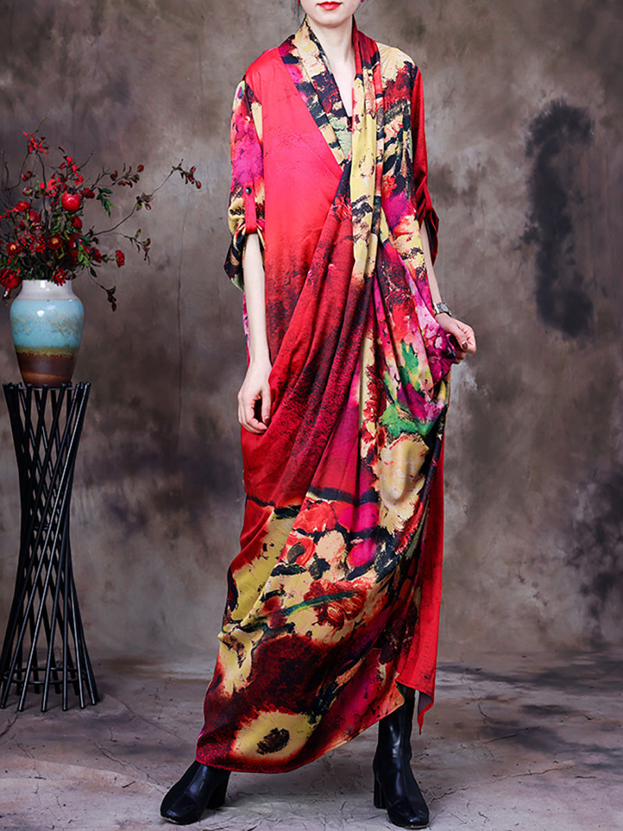 Plus Size Draped Floral Vintage Women Retro Maxi Dress