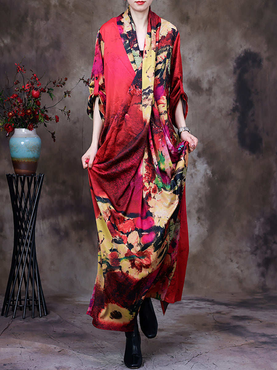 Plus Size Draped Floral Vintage Women Retro Maxi Dress