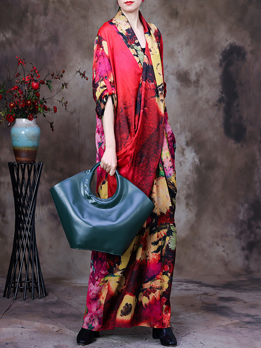Plus Size Draped Floral Vintage Women Retro Maxi Dress