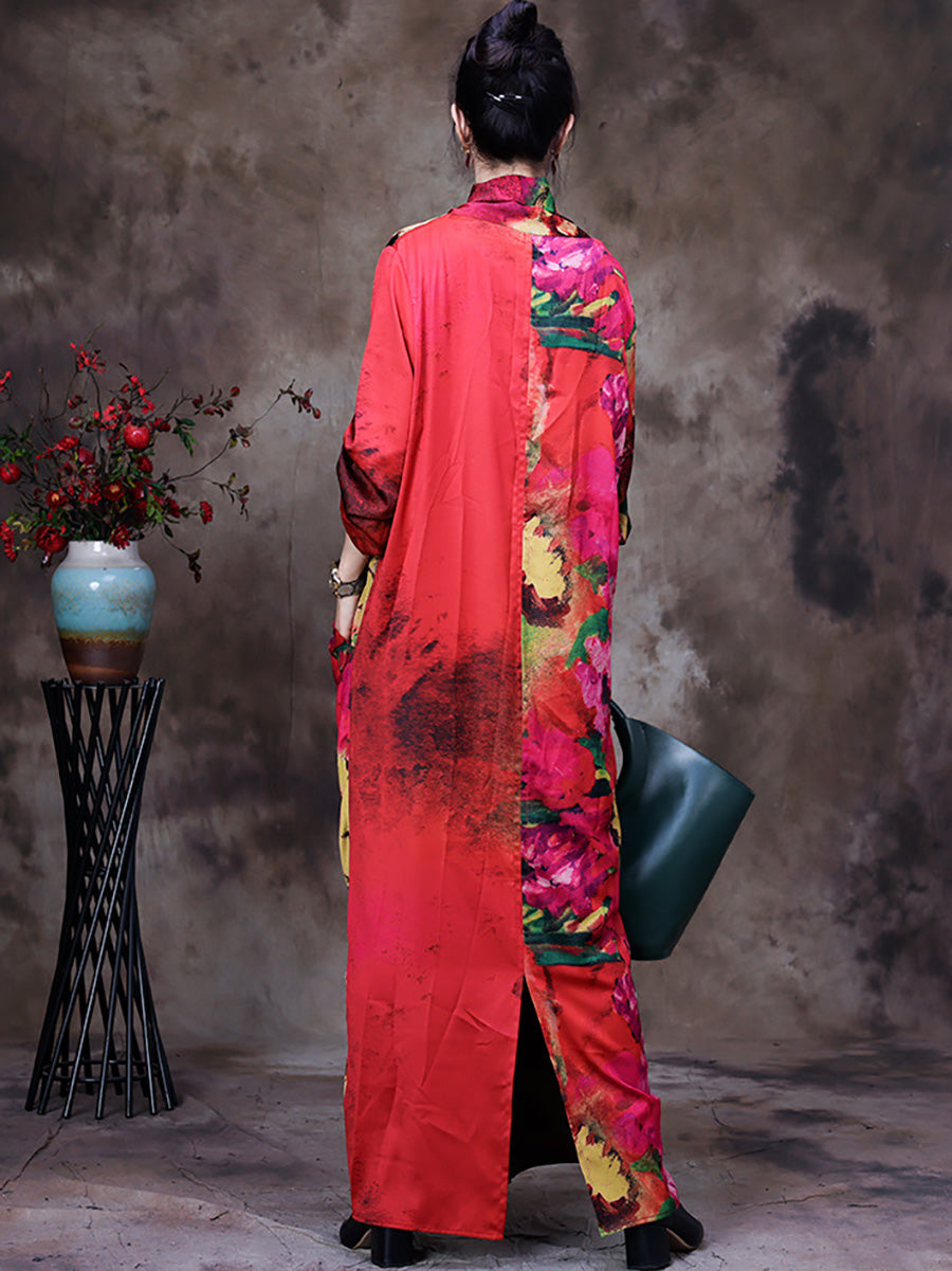 Plus Size Draped Floral Vintage Women Retro Maxi Dress