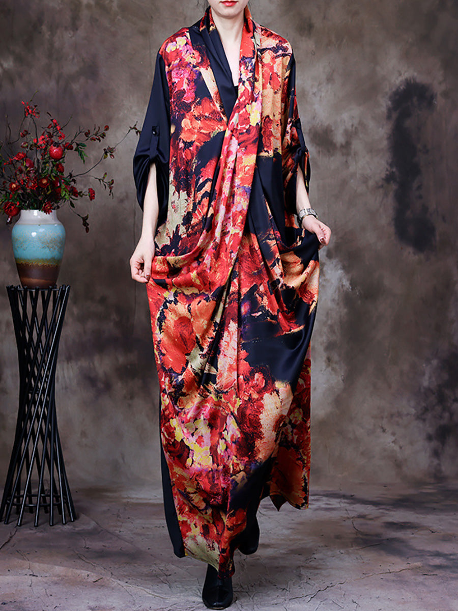 Plus Size Draped Floral Vintage Women Retro Maxi Dress