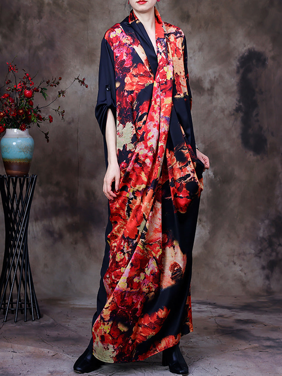 Plus Size Draped Floral Vintage Women Retro Maxi Dress