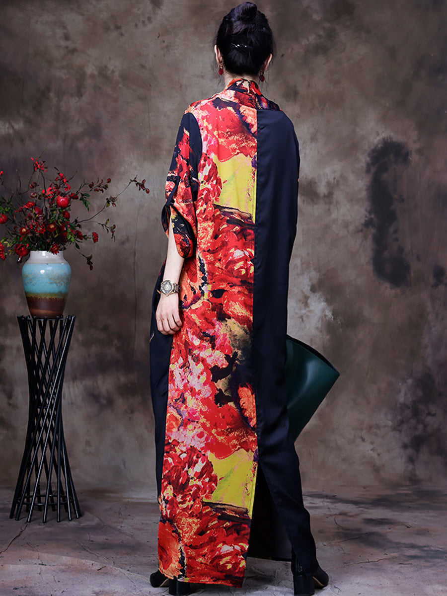 Plus Size Draped Floral Vintage Women Retro Maxi Dress