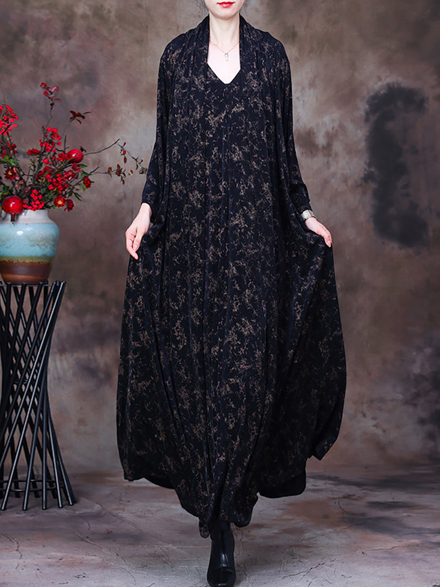 Plus-Size Women Vintage Abstract Print V-Neck Loose Maxi Dress
