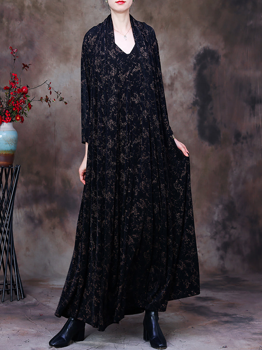 Plus-Size Women Vintage Abstract Print V-Neck Loose Maxi Dress