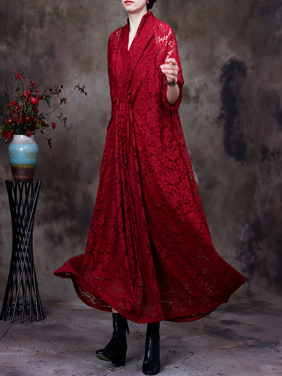 Plus-Size Women Lace V-Neck Belted Irregular Maxi Dress