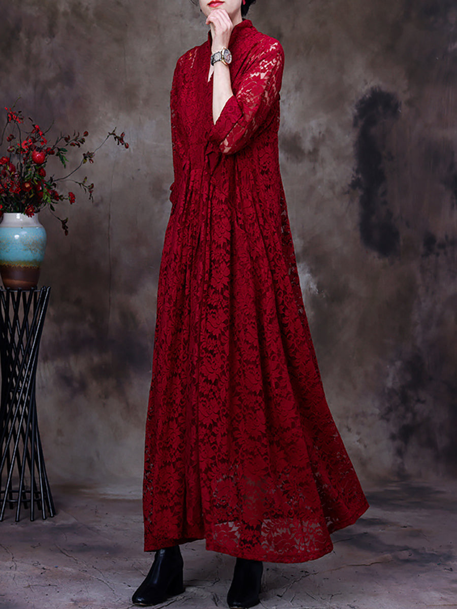 Plus-Size Women Lace V-Neck Belted Irregular Maxi Dress