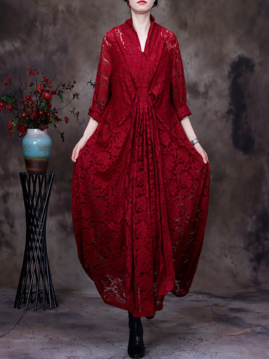Plus-Size Women Lace V-Neck Belted Irregular Maxi Dress