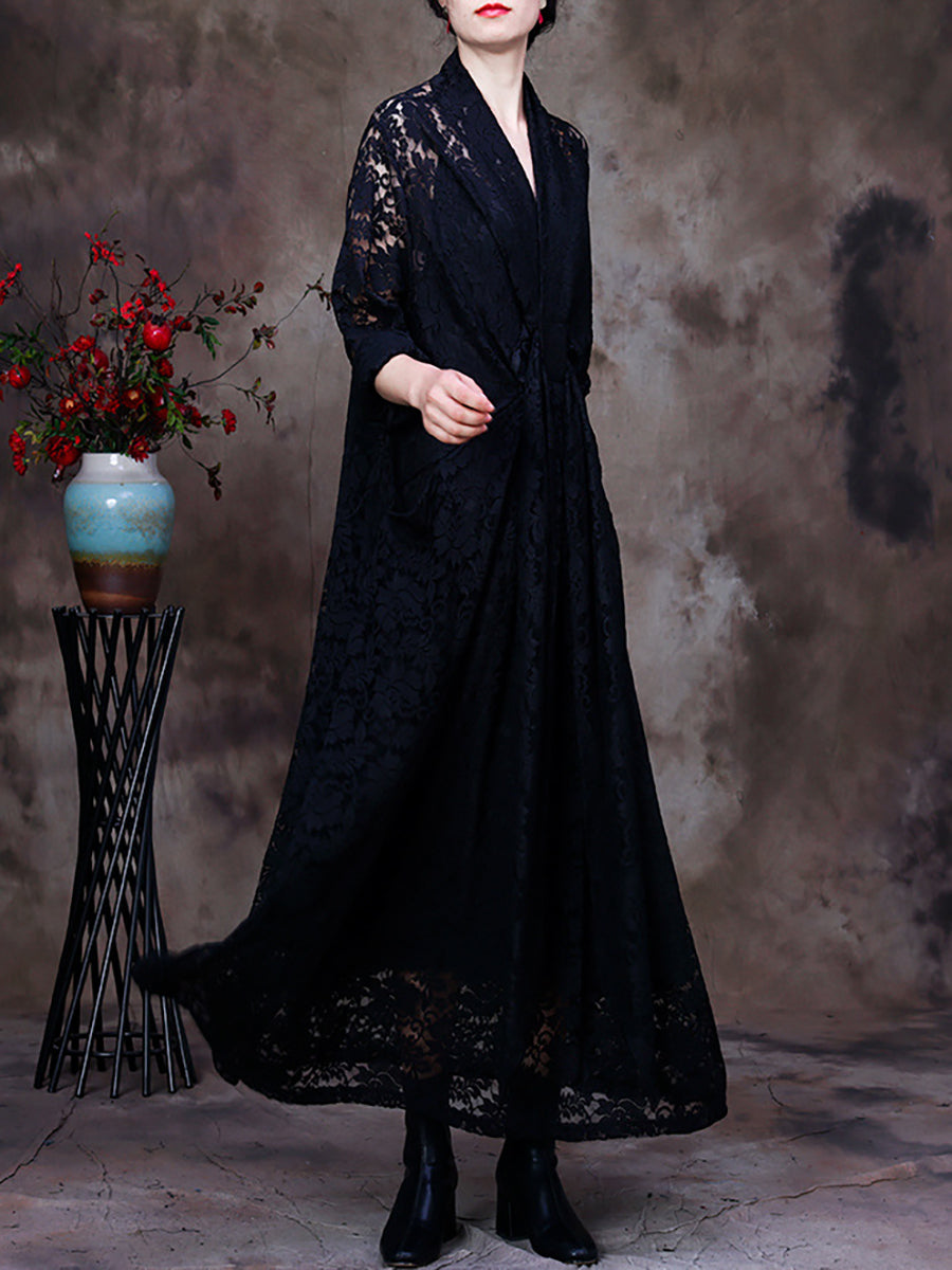 Plus-Size Women Lace V-Neck Belted Irregular Maxi Dress