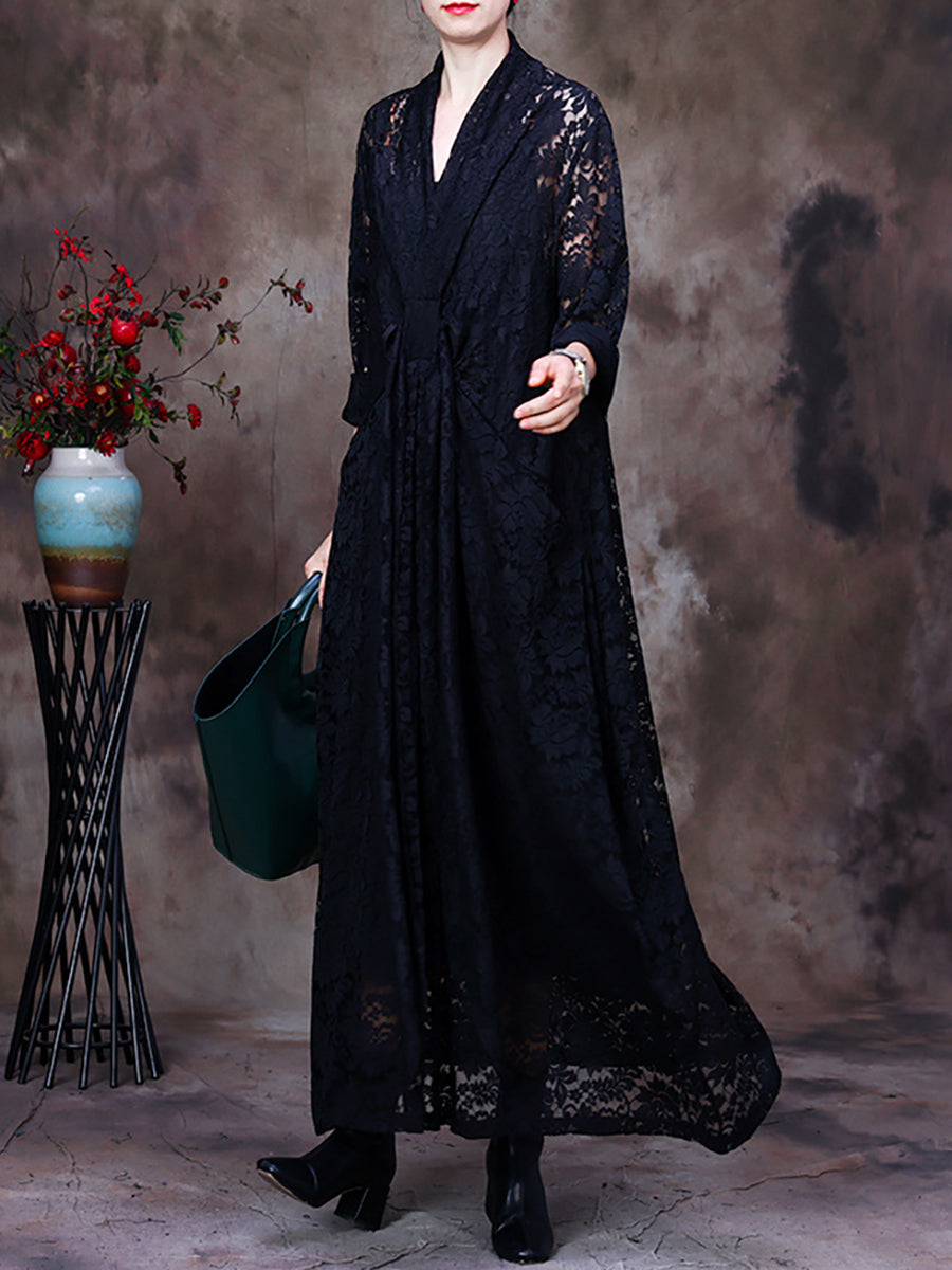 Plus-Size Women Lace V-Neck Belted Irregular Maxi Dress