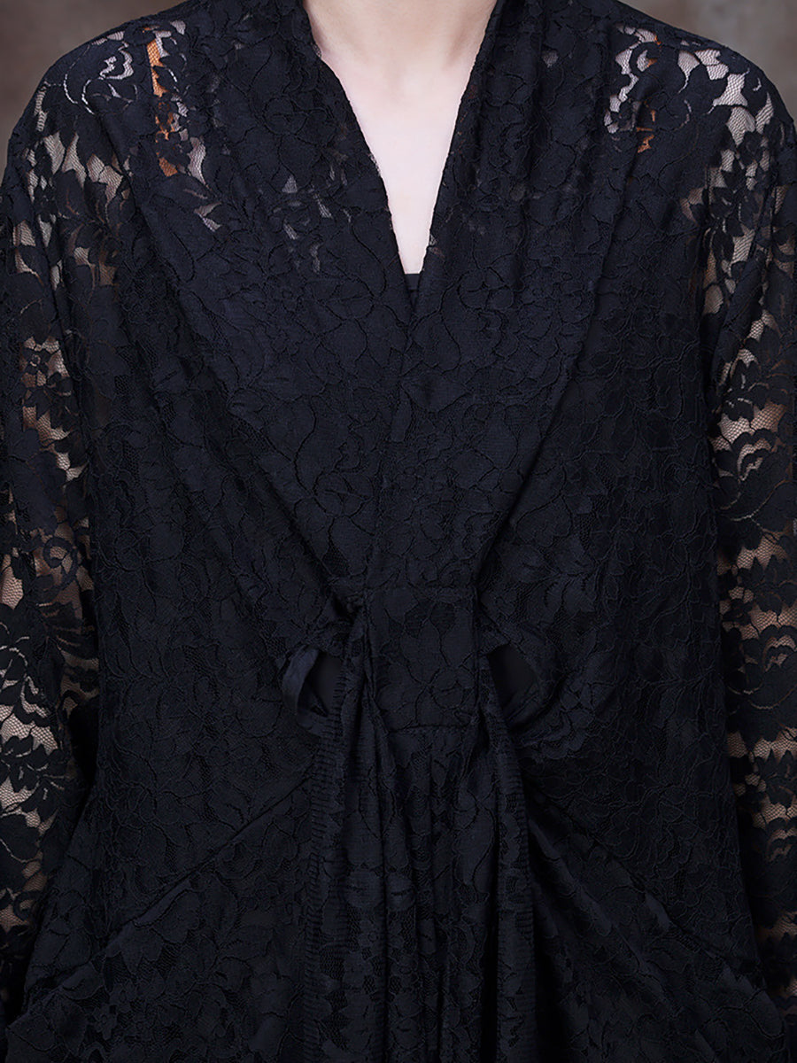 Plus-Size Women Lace V-Neck Belted Irregular Maxi Dress