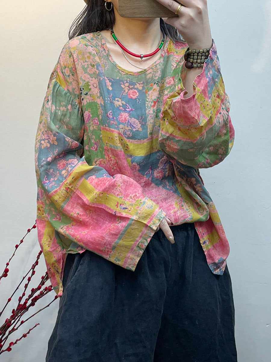 Plus Size Women Spring Vintage Floral Print Loose Thin Blouse