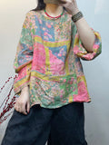 Plus Size Women Spring Vintage Floral Print Loose Thin Blouse