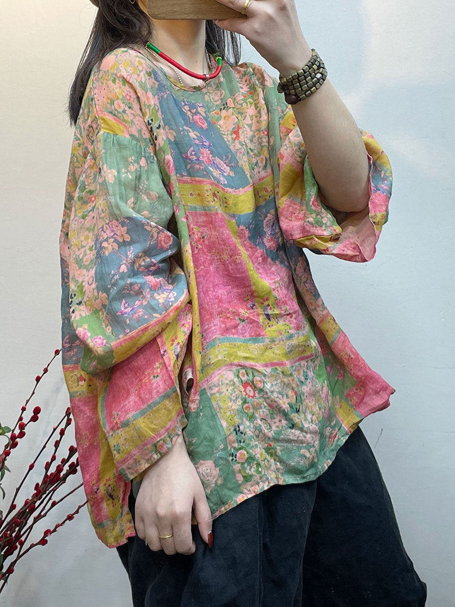 Plus Size Women Spring Vintage Floral Print Loose Thin Blouse